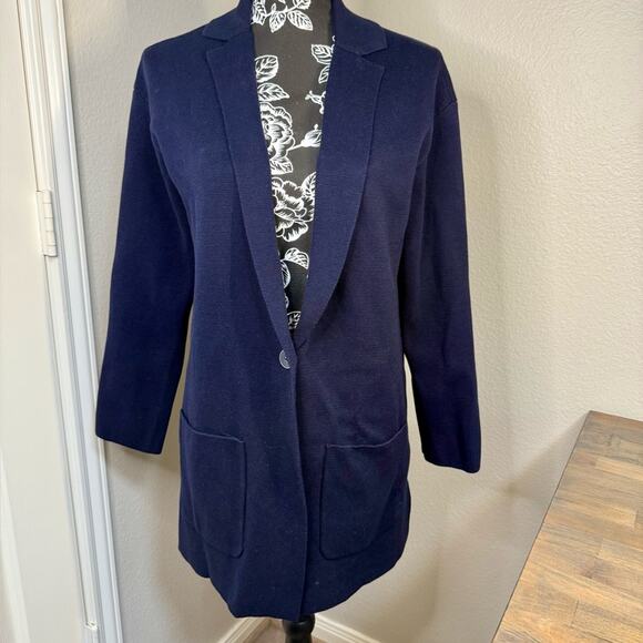 EUC Talbots Navy Blue Women's Knit Long Length Casual Blazer - Picture 2 of 10